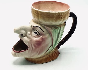 Antique Grotesque Shaving Mug Judy (from Punch & Judy) / Figural Victorian English Bathroom Accessory / Majolica Pottery