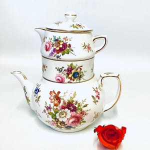 Pretty English Hammersley “POSIES” BONE CHINA Teapot Stack with Creamer & Sugar Bowl / Vintage Afternoon Tea / Tea-for-One / Romantic Gift