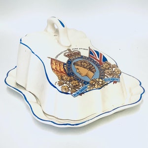 Rare Queen Elizabeth Coronation 1953 Official Royal Souvenir Covered Butter Dish made by Lancaster & Sandlands, Hanley Staffordshire England