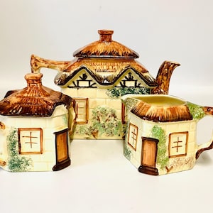 Perfect!! 3 Piece COTTAGE TEAPOT SET made by Keele Street Pottery, England / Whimsical English Country Cottage Afternoon Tea Service
