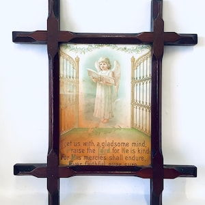Antique Religious Framed Wall Hanging with Angel and 17th Century Verse by John Milton from Psalm 136 Hymn / Victorian Winged Cherub Print