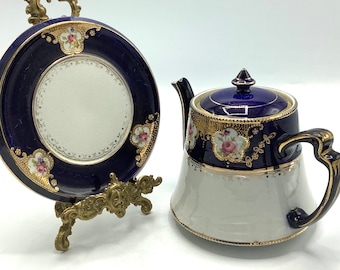 Superb! STAFFORDSHIRE Gold BEAD & ROSE Decorated Teapot + Stand / English Blue and White Cabinet Ware / Afternoon Tea at Downton Abbey