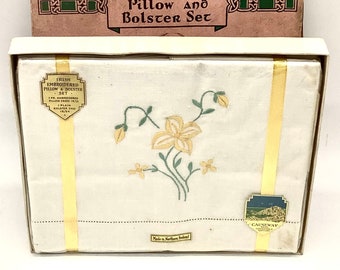 Vintage Irish Linen Embroidered Pillow & Bolster Set made by Causeway Textiles ~ Boxed and Never Opened