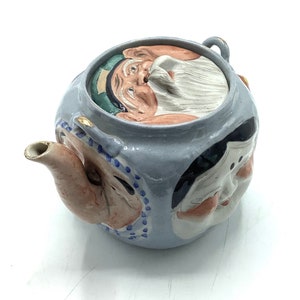 Antique Japanese Banko Pottery Figural Teapot with 5 Noh Mask Faces & Imperial Mark on the Base / Asian Antiquity 1880 - 1920 Period