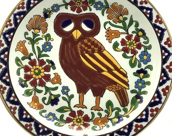 PLAQUE OWL vintage peinte à la main et décorée avec des accents d’or 24 carats par The Ibiscus Ceramic Company, Rhodes / Cadeau parfait pour les amateurs de hiboux