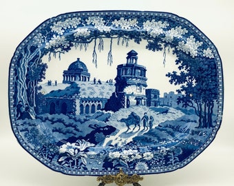 Impressive Huge Meat Plate made by T. & J. BEVINGTON (1817 ~ 1824) in HANLEY ENGLAND / Staffordshire Blue and White Ironstone Platter