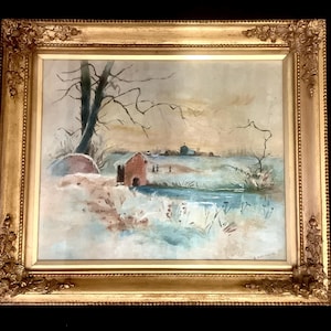 A Large 38 x 33cm Winter Landscape (Signed) Oil Painting on a George’s Rowney, London Canvas within a Gilt Gesso Frame Mounted Under Glass