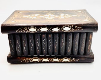 Wooden Faux Book Box with Mother-of-Pearl Inlay & Secret Compartment / Vintage “Mystery” Box / Faux Book Cabinet