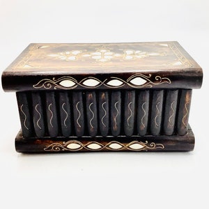 Wooden Faux Book Box with Mother-of-Pearl Inlay & Secret Compartment / Vintage “Mystery” Box / Faux Book Cabinet
