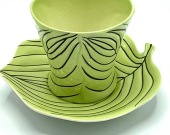 Art Deco 1930’s Carlton Ware Hand Painted Leaf-Pattern Tea Cup & Saucer / Striking Early Century English Green + Black Zebra Stripe Ceramics