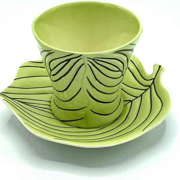 Art Deco 1930’s Carlton Ware Hand Painted Leaf-Pattern Tea Cup & Saucer / Striking Early Century English Green + Black Zebra Stripe Ceramics