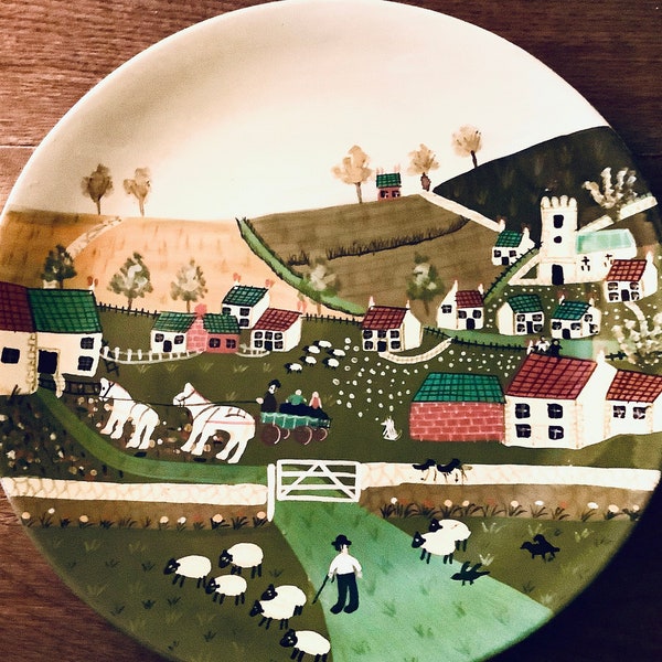 Large Display Plate with a Naïf Farmyard Scene hand-painted by Sarah Akin-Smith (England) Shaker Style Kitchenalia / Primitive Pottery Ware