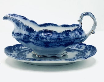 Antique Thomas Rathbone (England) & Co. Flow~Blue Gravy Boat with Stand in “NORAH” Pattern / Downton Abbey Fine Dining / Victorian Tableware