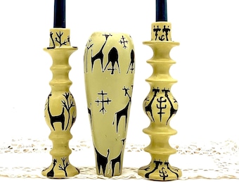 Tall Kenyan Trio of Besmo Soapstone Candle Holders & Vase Hand-Painted with Giraffes Decor / Exotic Interior Design Accessories