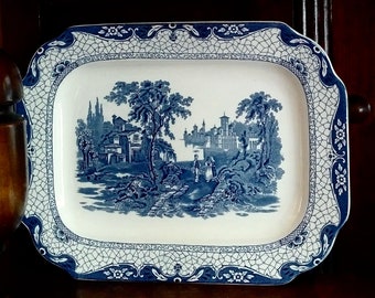 Große 35 cm beeindruckendes antikes englisches ADAMS PLATTER 'LANDSCHAFT' Design / Prächtige Keramik Geschirr / Für Liebhaber von Blau und Weiß