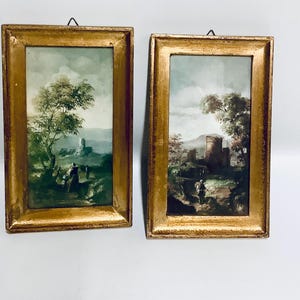 Beautiful Pair of Miniature Italian Florentine Landscape Prints Featuring Travellers within a Gilt Gesso Frames / Gift for Italian Art Lover