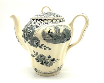 Large Antique Dutch Delft Style Teapot made by Societe Céramique Maestricht (Netherlands) in the Early 1900’s with Aesthetic Peacock Design