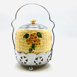 Beautiful Hand-painted Antique Art Deco Tea Caddy within a Silver-plated Basket Holder made by Wade Pottery Staffordshire England