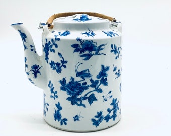 Large Vintage Chinese Blue and White Cricket Insect Decorated Porcelain Teapot with Wicker Handles / Love Your Blue and White