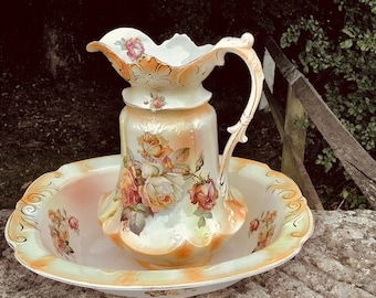Huge Antique 19th Century FRENCH JUG & BASIN Set / Fin de Siècle Bathroom Vanity Wares / Art Nouveau / X-Large Ewer and Wash Bowl