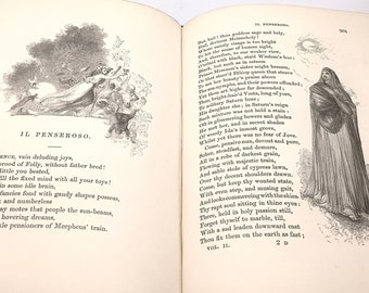 May include: A black and white illustration of a woman in a long dress with a hood. The woman is standing in a forest with trees and a deer. The text "IL PENSEROSO" is at the top of the page.