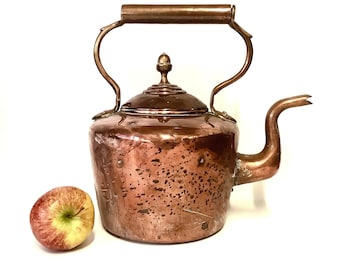 Large 5 Pint (3.2ltr) Georgian COPPER KETTLE with Goose Neck Spout / Antique English Copper Water Boiler / Downton Abbey Decor