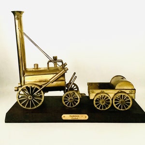 A Solid Brass Model of STEPHENSON’S ROCKET on a Wooden Plinth / Gift for Train or Locomotive Collectors / Early Steam Engines
