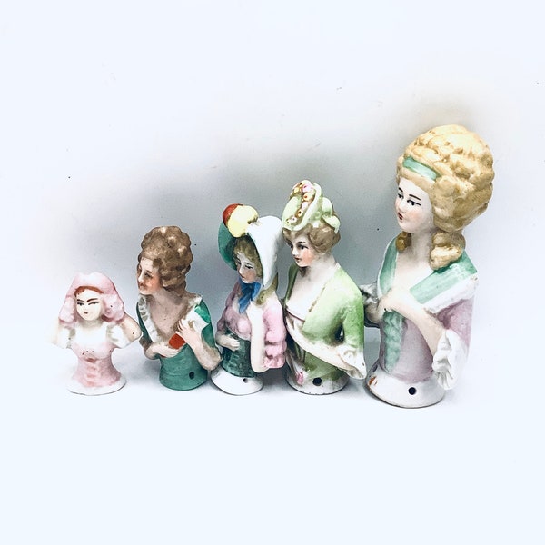 Set of 5 Antique French & German Porcelain Half-Dolls / 19th Century European Pincushion Ladies / Miniature Figurines