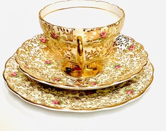 Perfect! Very Pretty English Aynsley Imperial 22 Karat Gold Bone-China Chintz & Pink Roses Tea Cup Trio / Vintage English Afternoon Tea