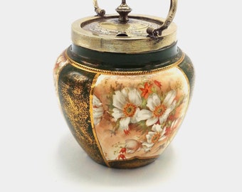 19th Century W. WOOD & Co. SILVER-PLATE and Porcelain Tea Caddy / English Victorian Tobacco Jar / Antique Staffordshire Biscuit Canister