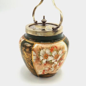19th Century W. WOOD & Co. SILVER-PLATE and Porcelain Tea Caddy / English Victorian Tobacco Jar / Antique Staffordshire Biscuit Canister