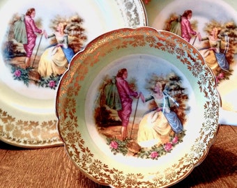 Perfect! Edged in 22 carat Gold ENGLISH &#39;COURTING COUPLE&#39; Teacup Trio // Staffordshire Burslem Rare Tea Set // Downton Abbey Tableware