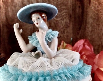 PERFECT: HALF-LADY German Porcelain Powder Jar // First-quality Half Doll with Crinoline Net Dress Trinket Box // German Lady Dresser Dish