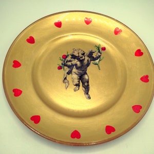 Love Your Pyrex STUNNING DÉCOUPAGE PYREX Plate Featuring Cupid Surrounded by Hearts, One-of-a-kind Romantic Gift, Unique Collectible Pyrex image 1