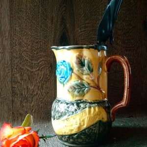 ANTIQUE ENGLISH STAFFORDSHIRE 19th Century Molded Parian Jug with Hinged Pewter Lid // Stunning Victorian Parian Ware / Antique Kitchenalia