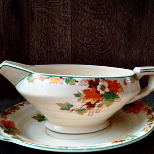 SUPERB! GRINDLEY Art Deco Gravy Boat with Drip Tray // Scarce stunning hand-painted Grindley Art Deco Staffordshire Sauce Jug and plate