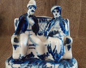 RARE Vintage Eastern European Blue white Trinket Box Figurines on a bench on porcelain lidded box Gzhel style jewellery storage