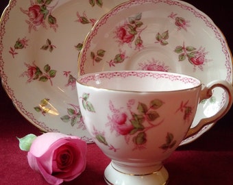 PERFECT!! Fine Bone China &#39;Tuscan 497H&#39; Rose Pink and Gold Teacup Trio // Romantic Rosebud Blush Pink Porcelain Tea Time Set