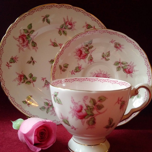 PERFECT!! Fine Bone China 'Tuscan 497H' Rose Pink and Gold Teacup Trio // Romantic Rosebud Blush Pink Porcelain Tea Time Set