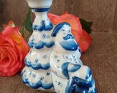 Vintage Russian Gzhel Porcelain St Nicholas Candlestick gorgeous Gzhel Christmas Candleholder blue white porcelain kitchenalia