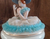 PERFECT HALF-LADY German Porcelain Powder Jar First-quality Half Doll with Crinoline Net Dress Trinket Box German Lady Dresser Dish