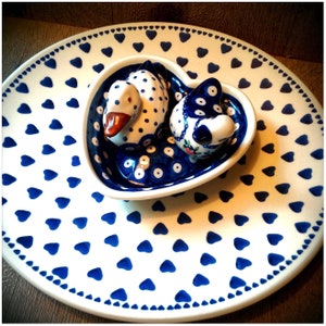 Blue & White Heart Heaven! Polish BOLESLAWIEC FAÏENCERIE Quartet, Heart Pattern Chintz Plate + Bowl + 2 Ducks, Romantic Gift