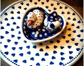 Blue & White Heart Heaven! Polish BOLESLAWIEC FAÏENCERIE Quartet, Heart Pattern Chintz Plate + Bowl + 2 Ducks, Romantic Gift