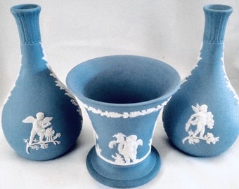 3-Piece WEDGWOOD CHERUBS COLLECTION, Blue and White Trio of Jasper-Ware Bud Vases, Perfect Gift For Wedgwood Collector, Cherub Design Decor