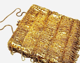 Gold Fringe and Sequin Bag with Chain Strap Handle Made Mid-century in Hong Kong, Retro Cocktail Purse / Glamorous Evening Bag