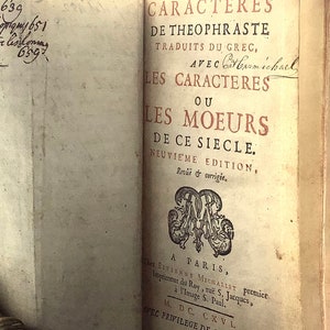 18th Century French Edition Les CARACTÈRES de THEOPHRASTE by Jean de La Bruyère Published in Paris 1716 During the Reign of King Louis XV