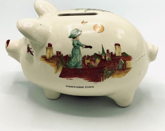 Rare Art Deco English Nursery Rhyme Piggy Bank / Early century Ceramic Savings Box / Nursery Decor / Christening Gift / Vintage Money Box
