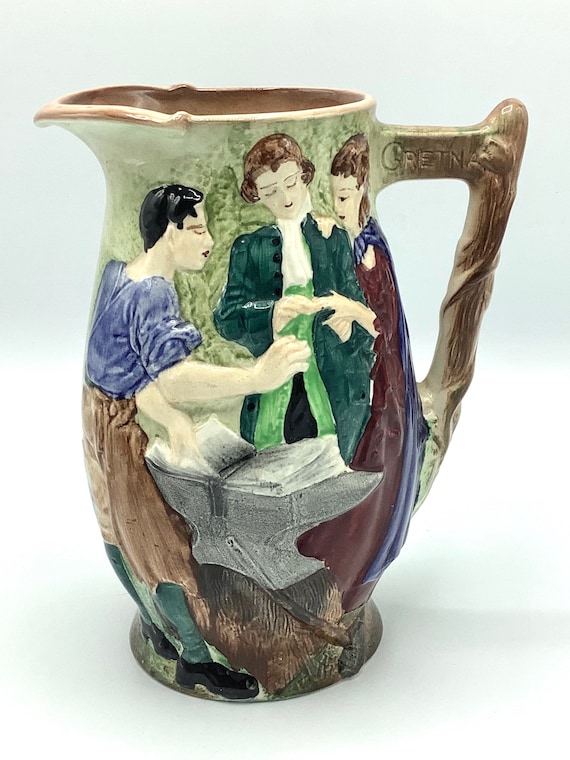 最終SALE☆レアjug 1/4 pt 付☆グリーンライン☆ラインなし9点セット The RUNAWAY MARRIAGE Jug by BURLEIGHWARE of Staffordshire England