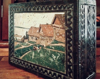 1920's French BRETON HINGED WOODEN Box with Polychrome Hand-painted Landscape & Figural Scene / Antique Brittany Folk-art Keepsake Coffret