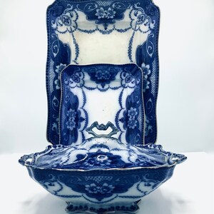 Impressive and Rare English 3-Piece Flow Blue Serving Set by Ford & Son / Staffordshire 19th century Tureen, Platter and Meat Plate image 9